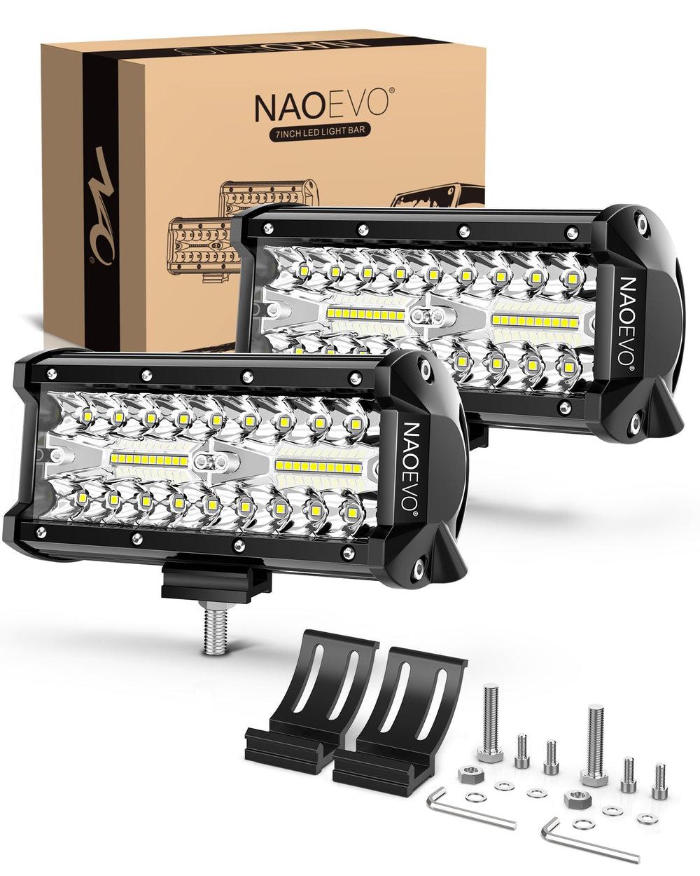 NAOEVO front view of 7 inch LED light bar showing crisp white beam benefit