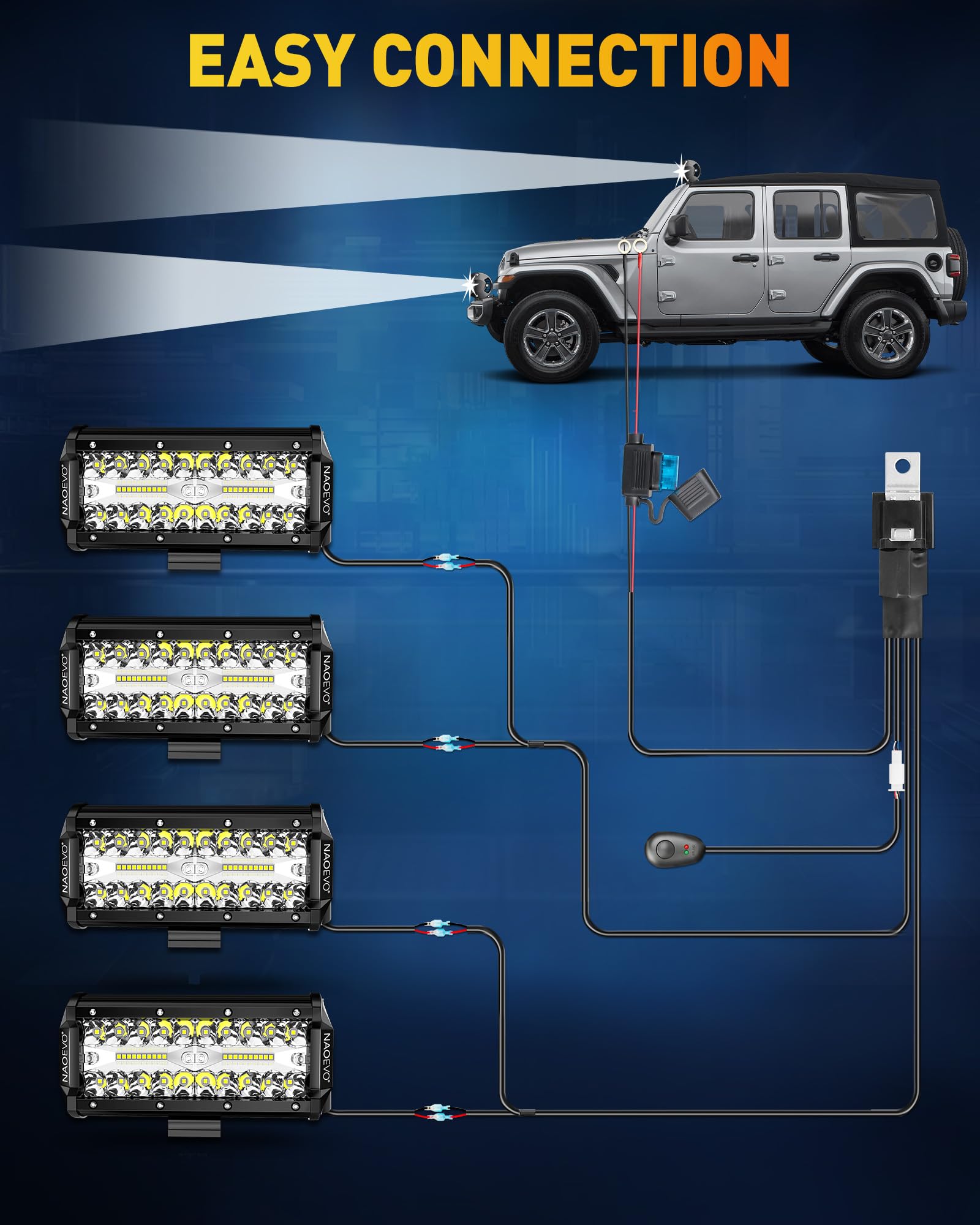 NAOEVO 12ft wiring harness with 40A relay offering secure installation