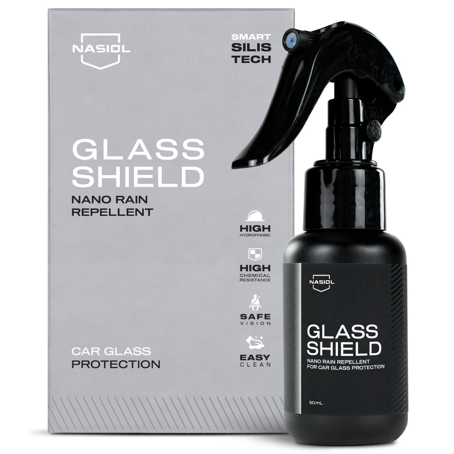 Nasiol front packaging showing the complete GlasShield kit and benefit