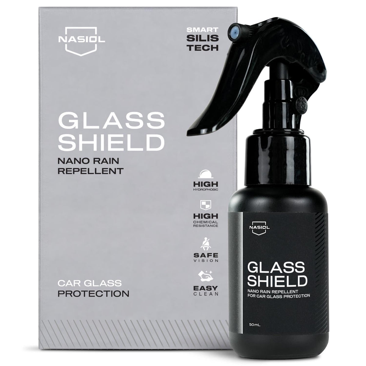 Nasiol front packaging showing the complete GlasShield kit and benefit