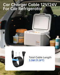 Naubluvo cable routed to refrigerator in trunk demonstrating 11.5 ft reach for placement