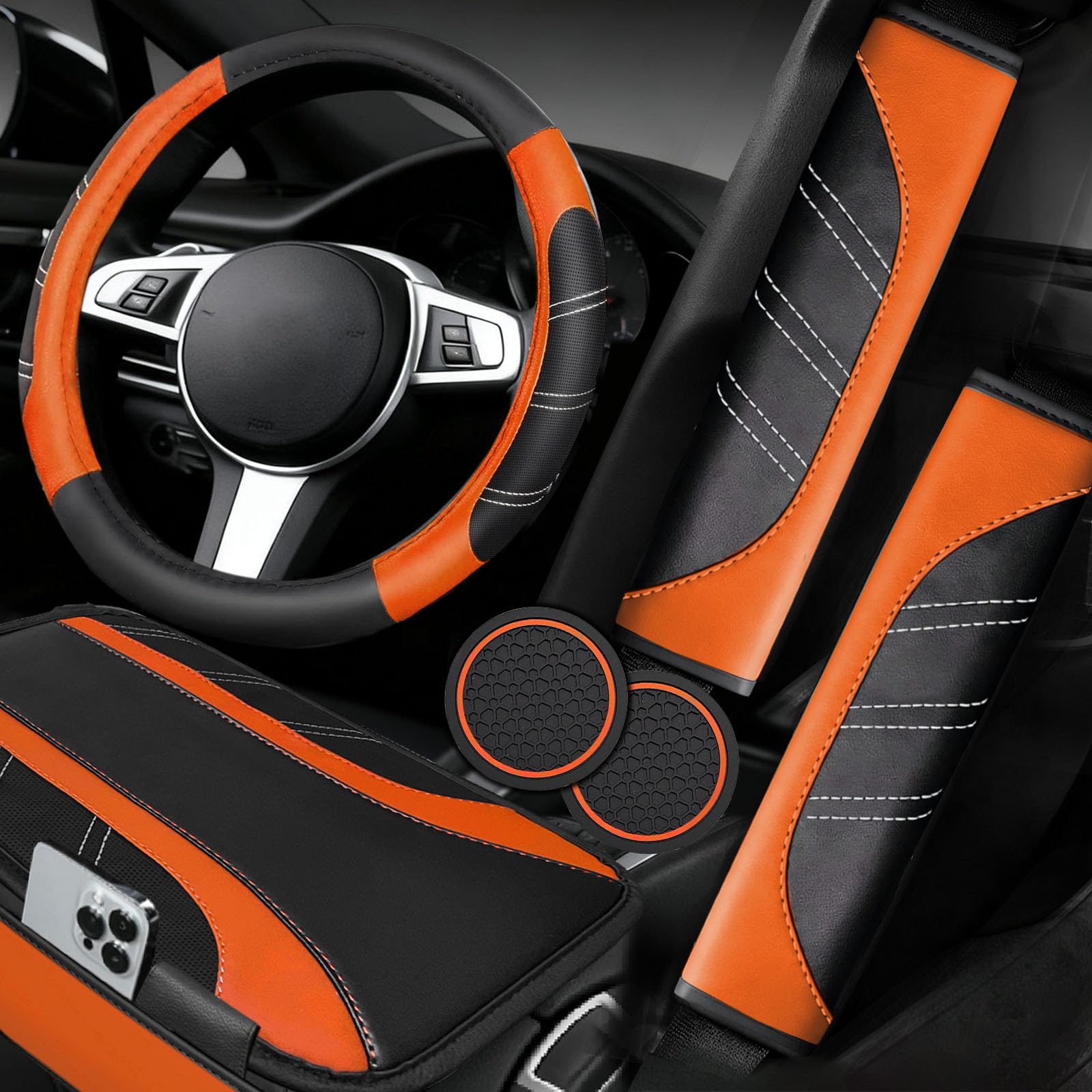 NBTEPEM orange steering wheel cover front view showing sporty fit and improved grip