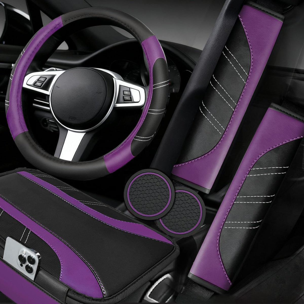 NBTEPEM steering wheel cover front view showing snug fit and sporty look