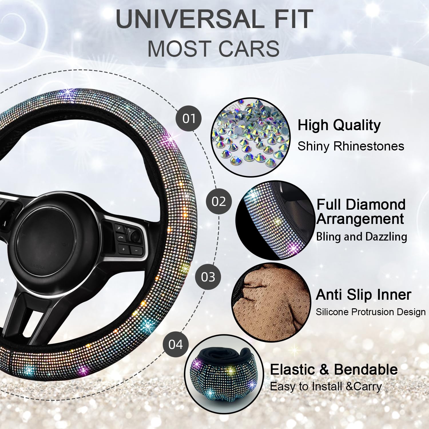 NBTEPEM steering wheel cover close-up showing rhinestones and luxury look