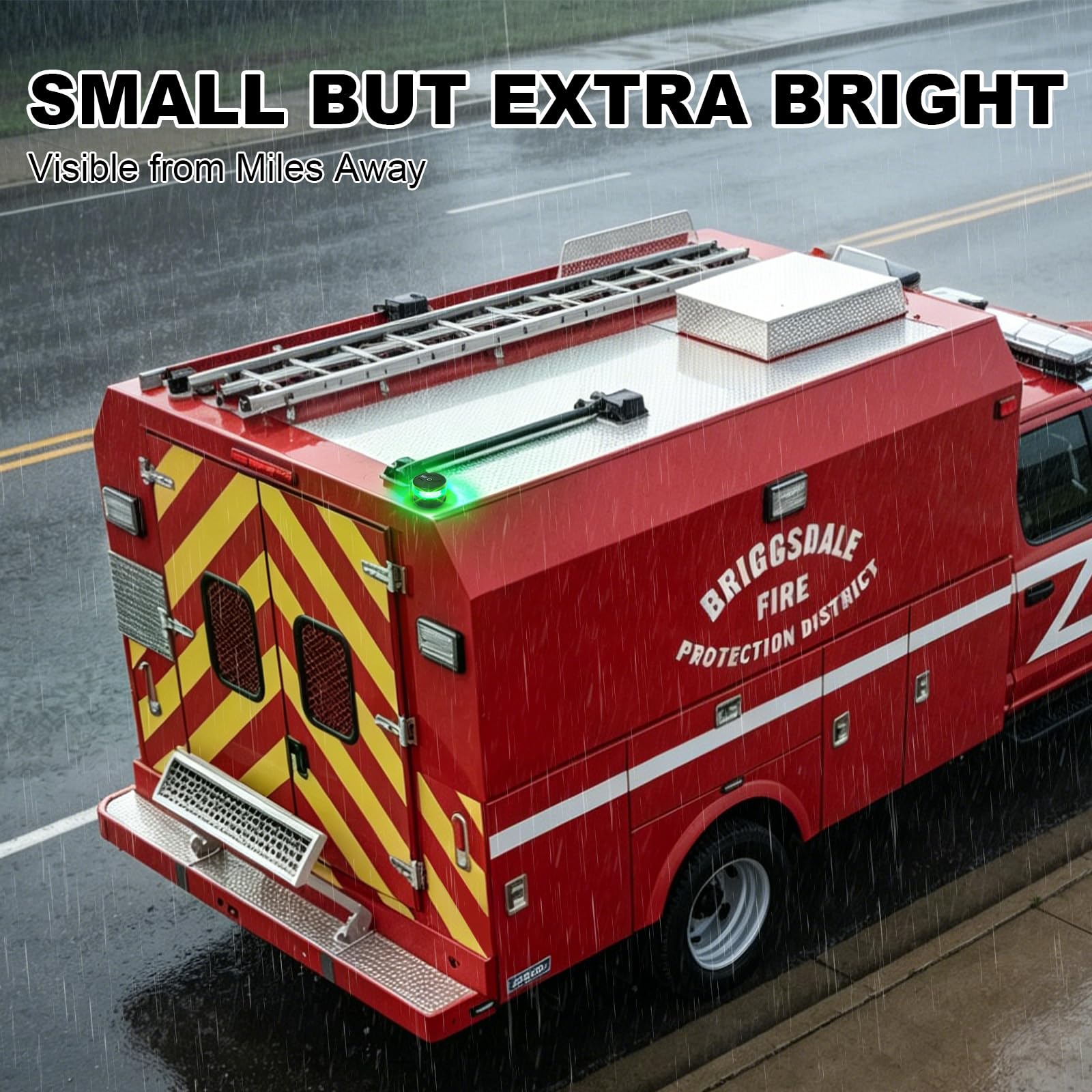 NeaLia green strobe active at night showing high-visibility warning benefit