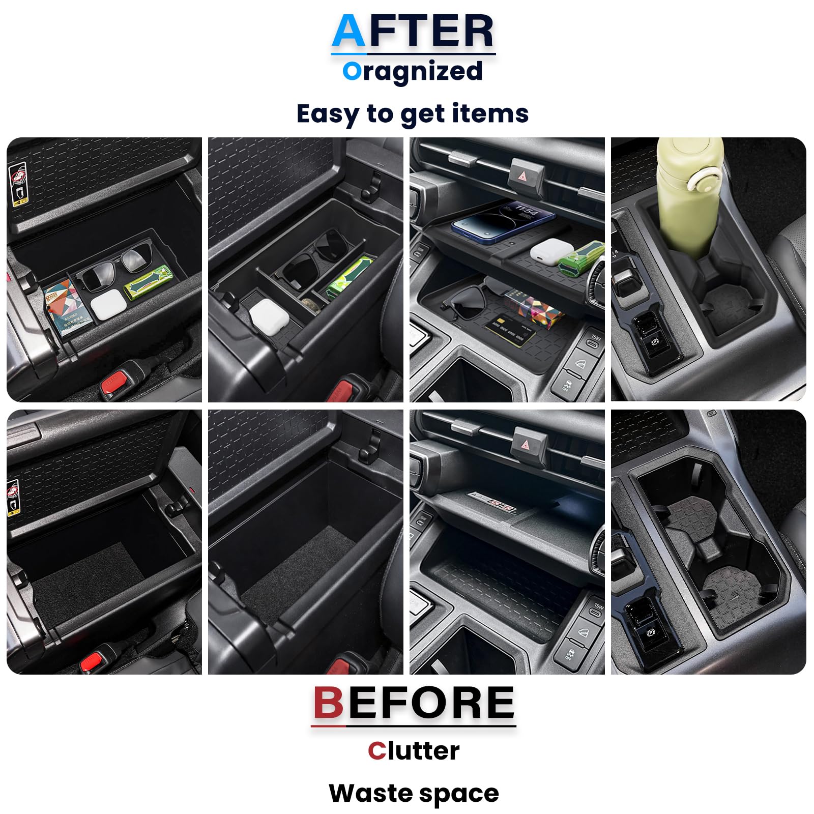 Neepiar lower armrest tray open with items placed for quick access