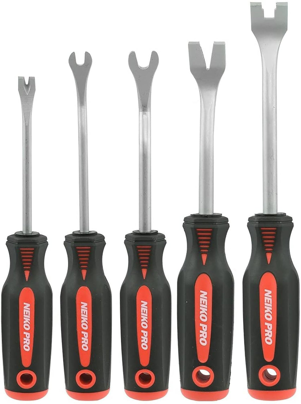 NEIKO front view of five-piece trim removal kit showing organized tools and packaging benefit durable storage