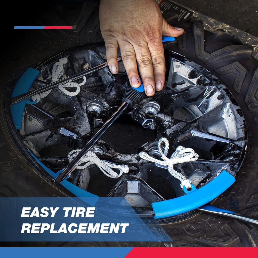 NEIKO in-action motorcycle tire change demonstrating safe rim protection
