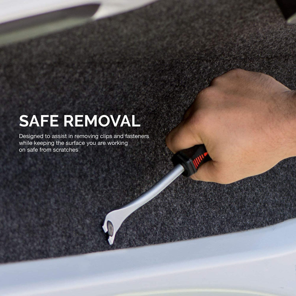 NEIKO tool in use removing a door panel demonstrating safe clip removal and reduced panel damage