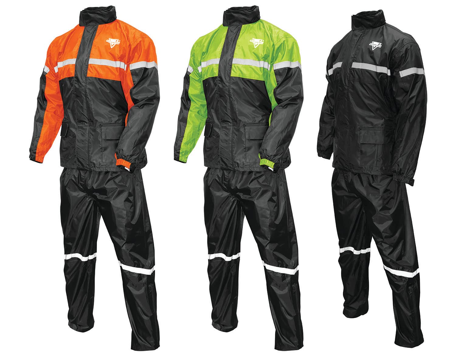 Nelson-Rigg stormrider front view showing orange black suit and waterproof coverage