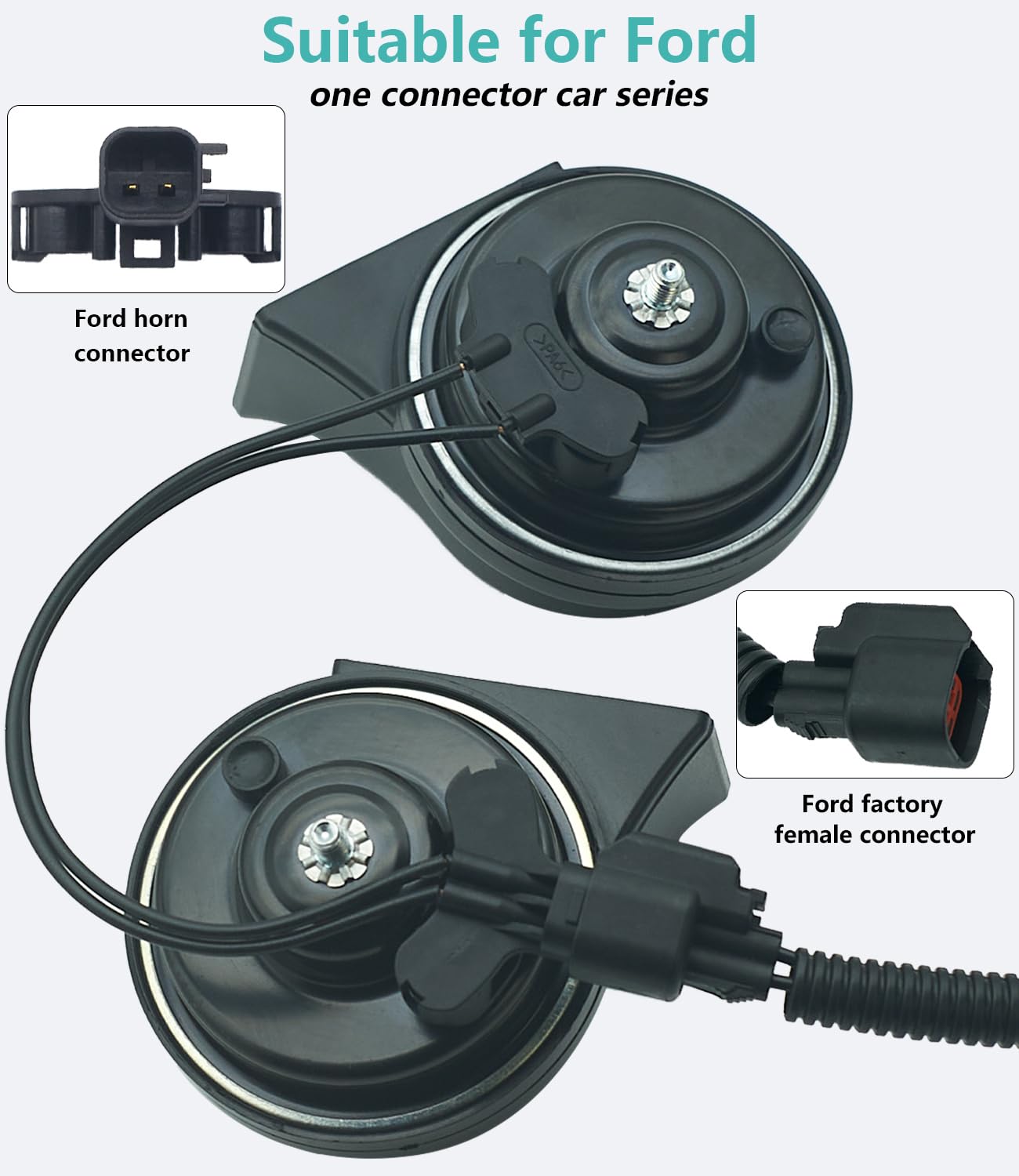 NEOGET horn connector plug and adapters image showing compatibility with Ford wiring