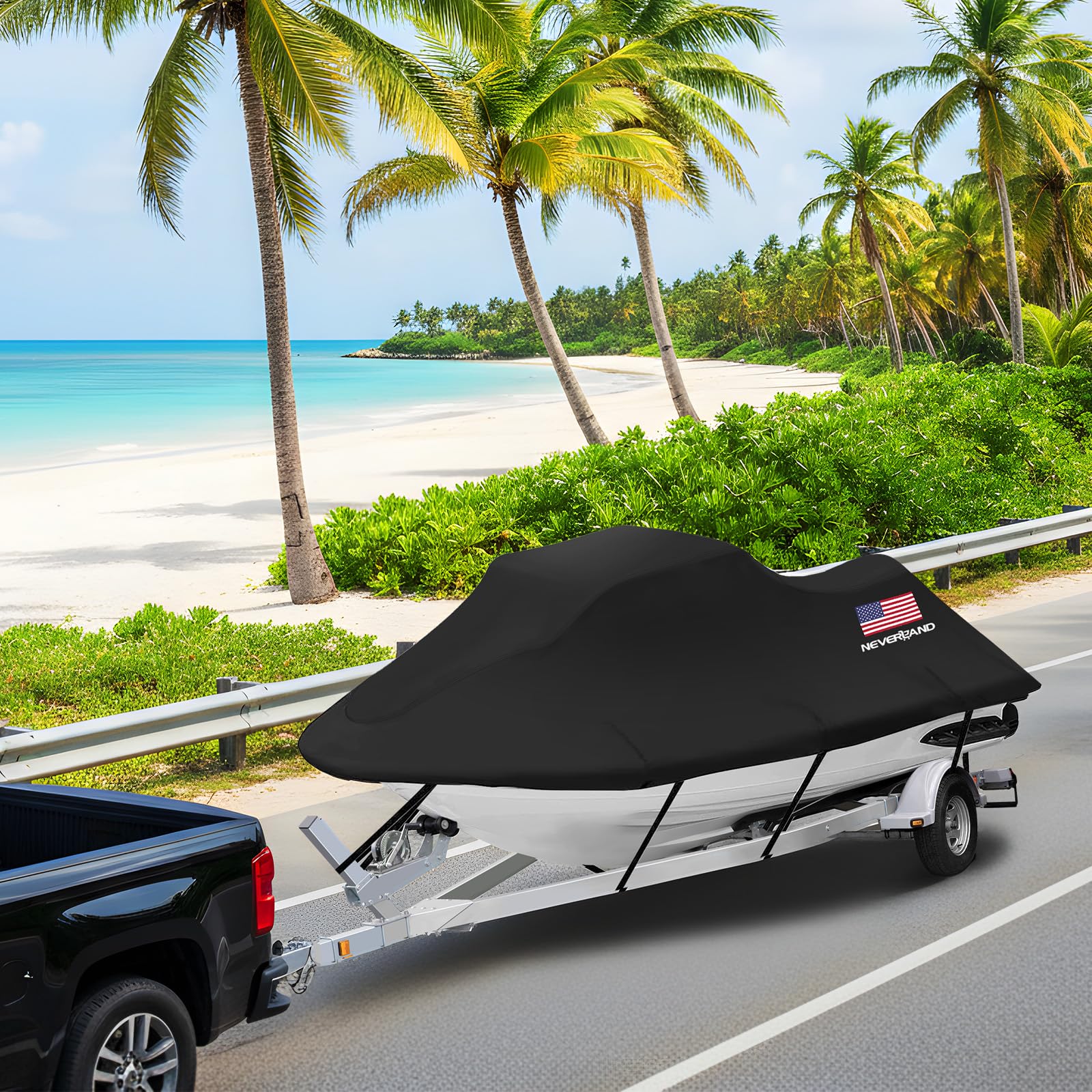 NEVERLAND side view of covered jetski secured on a trailer for travel safety