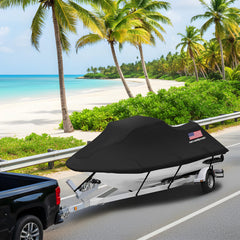 NEVERLAND side view of covered jetski secured on a trailer for travel safety