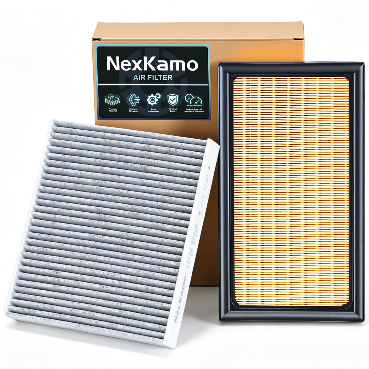 NexKamo front packaging showing both filters and clear fitment benefit