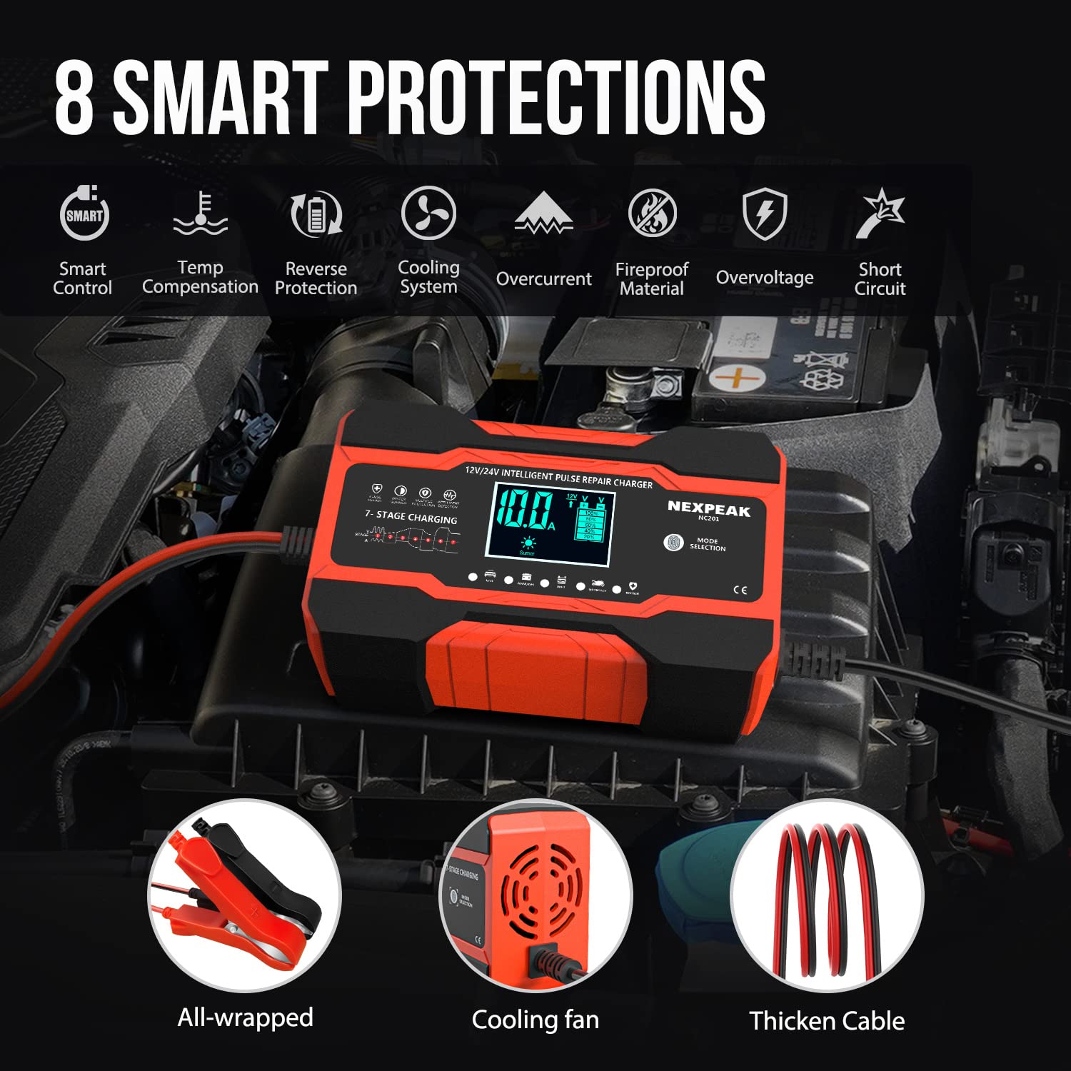 NEXPEAK in use on a car battery demonstrating quick charging performance