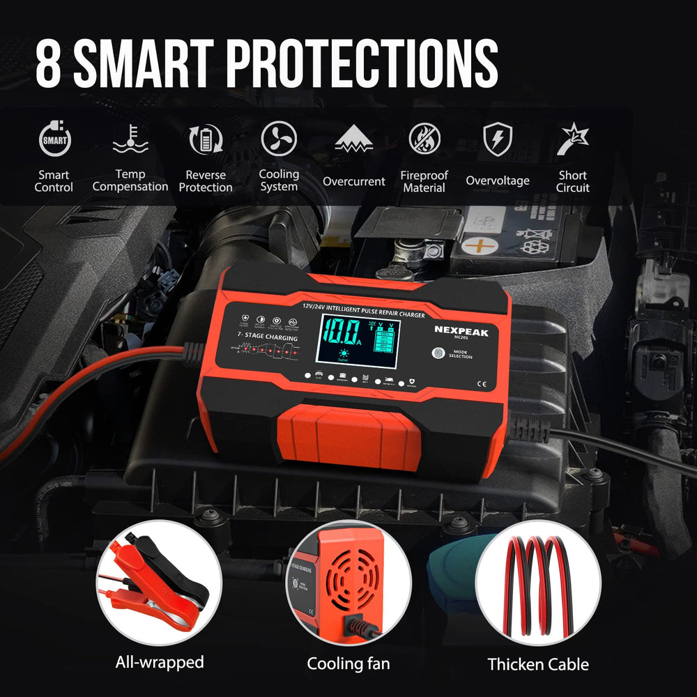 NEXPEAK in use on a car battery demonstrating quick charging performance