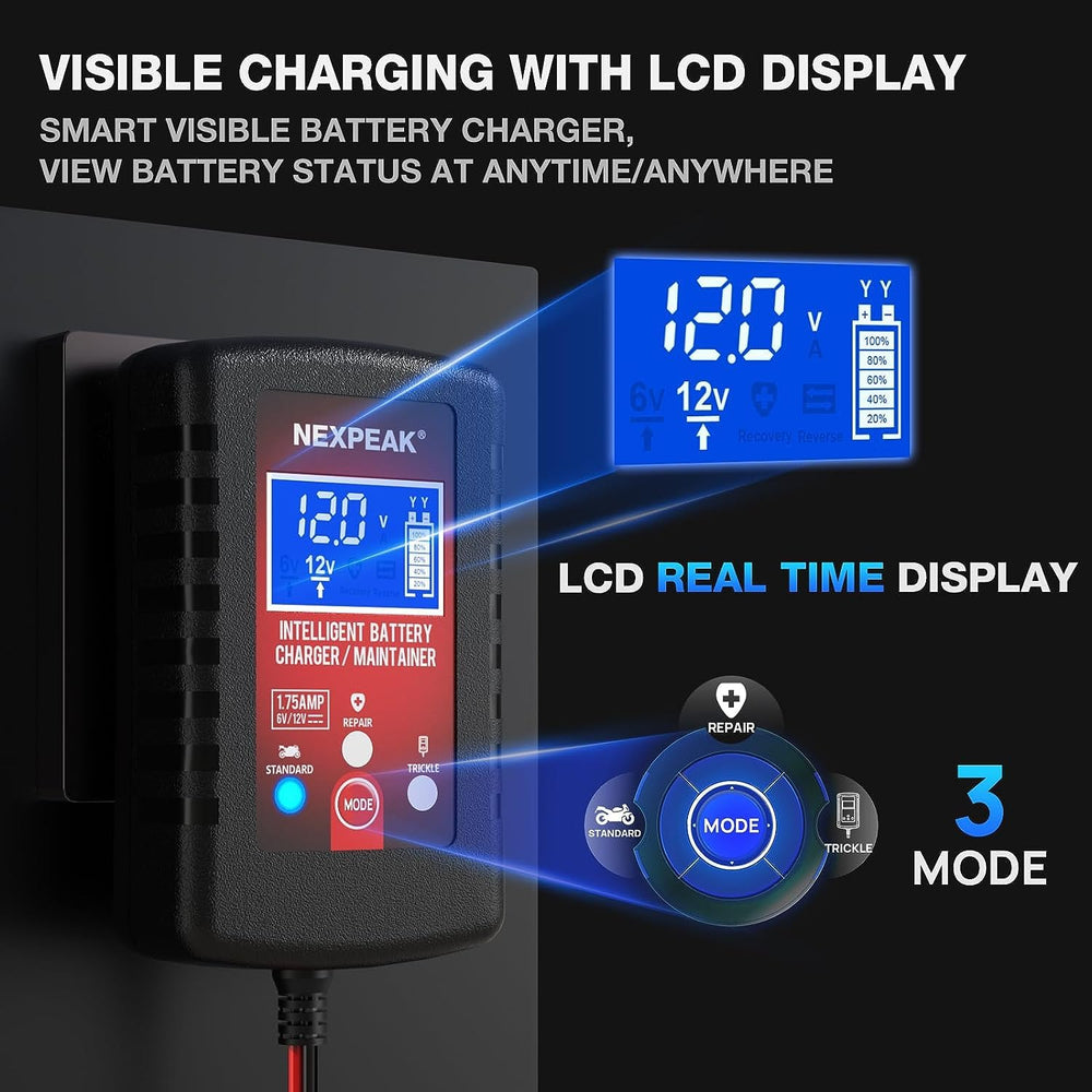 NEXPEAK LCD screen close-up showing charging status and clear monitoring benefit