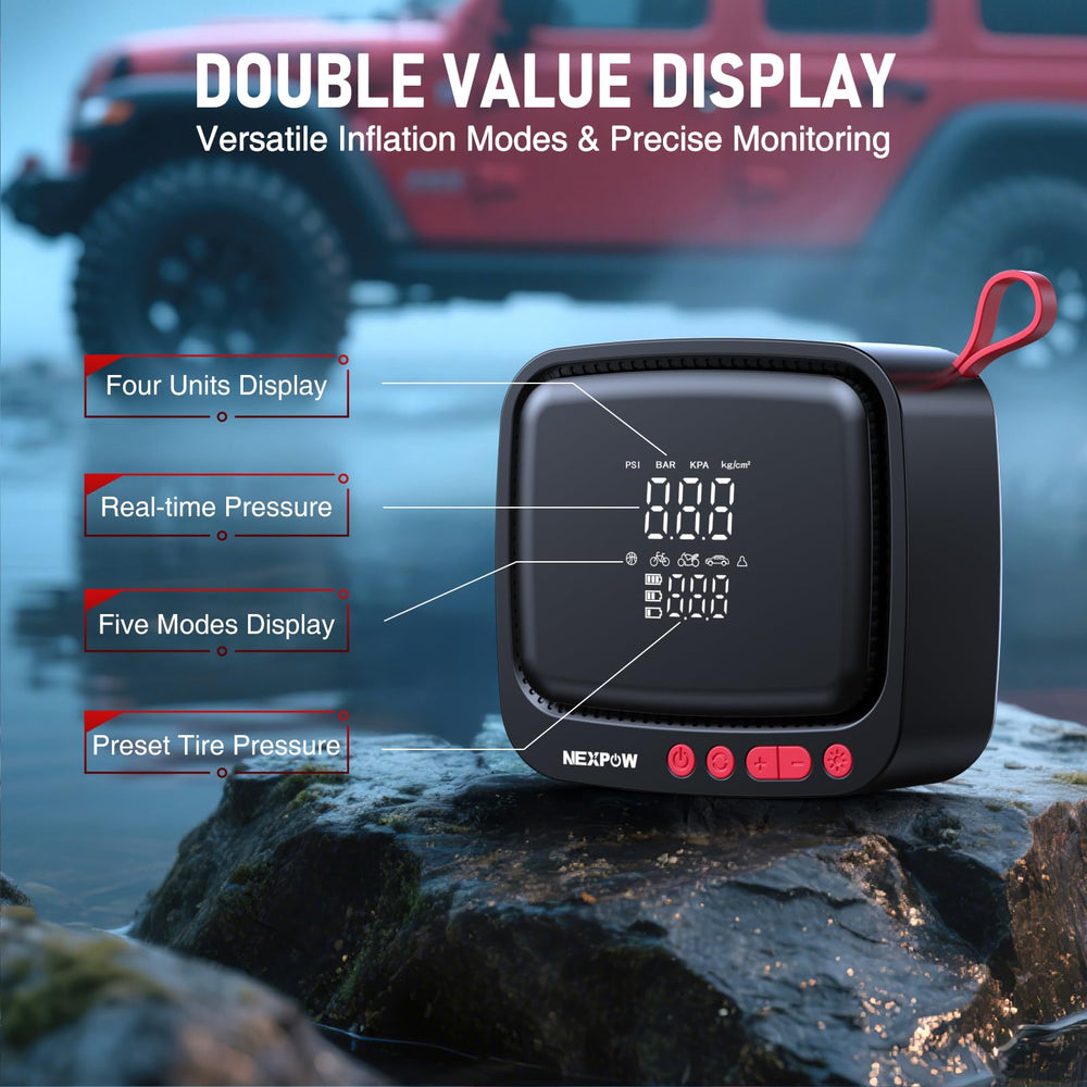 NEXPOW battery and car cord pictured for uninterrupted dual power