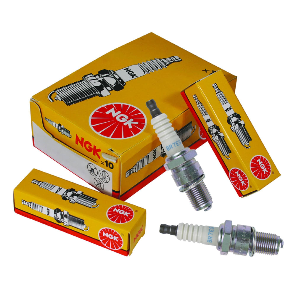 NGK BR7ES front packaging showing four spark plugs and model label, durable quality benefit