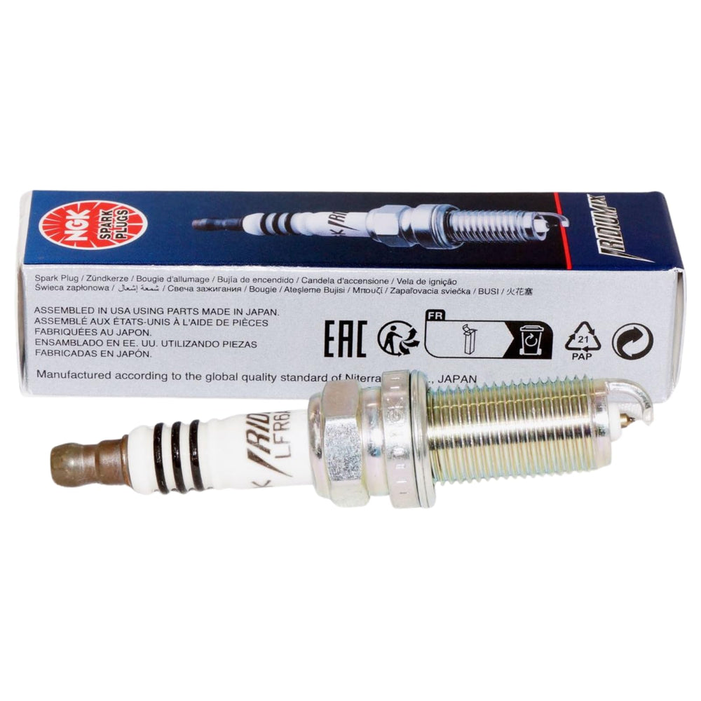 NGK iridium electrode close-up highlighting fine tip for longer-lasting spark performance