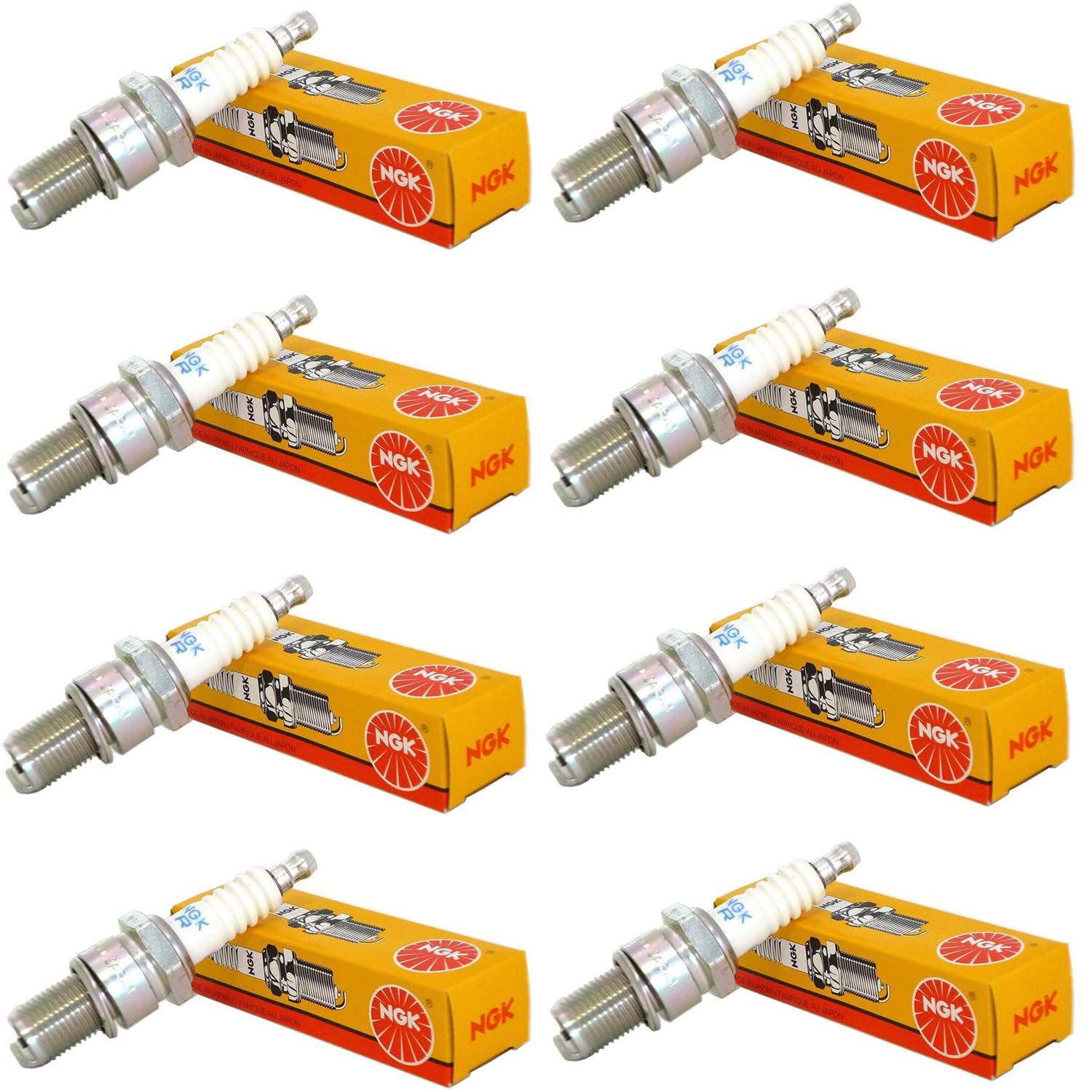 NGK V-Power UR5 front packaging showing eight new plugs and clear OEM labeling for correct part selection