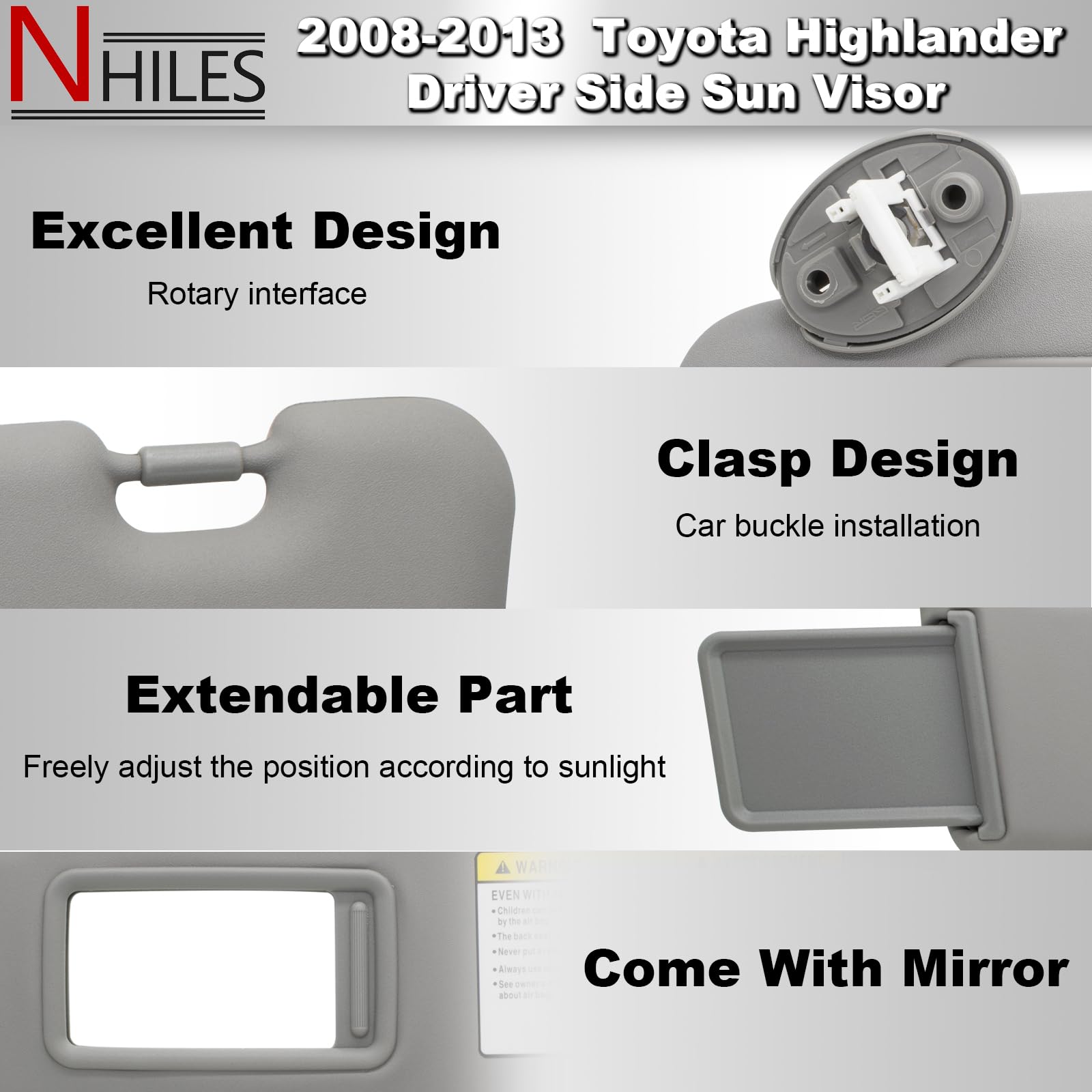 NHILES sun visor mounting bracket detail showing OEM-style attachment benefit