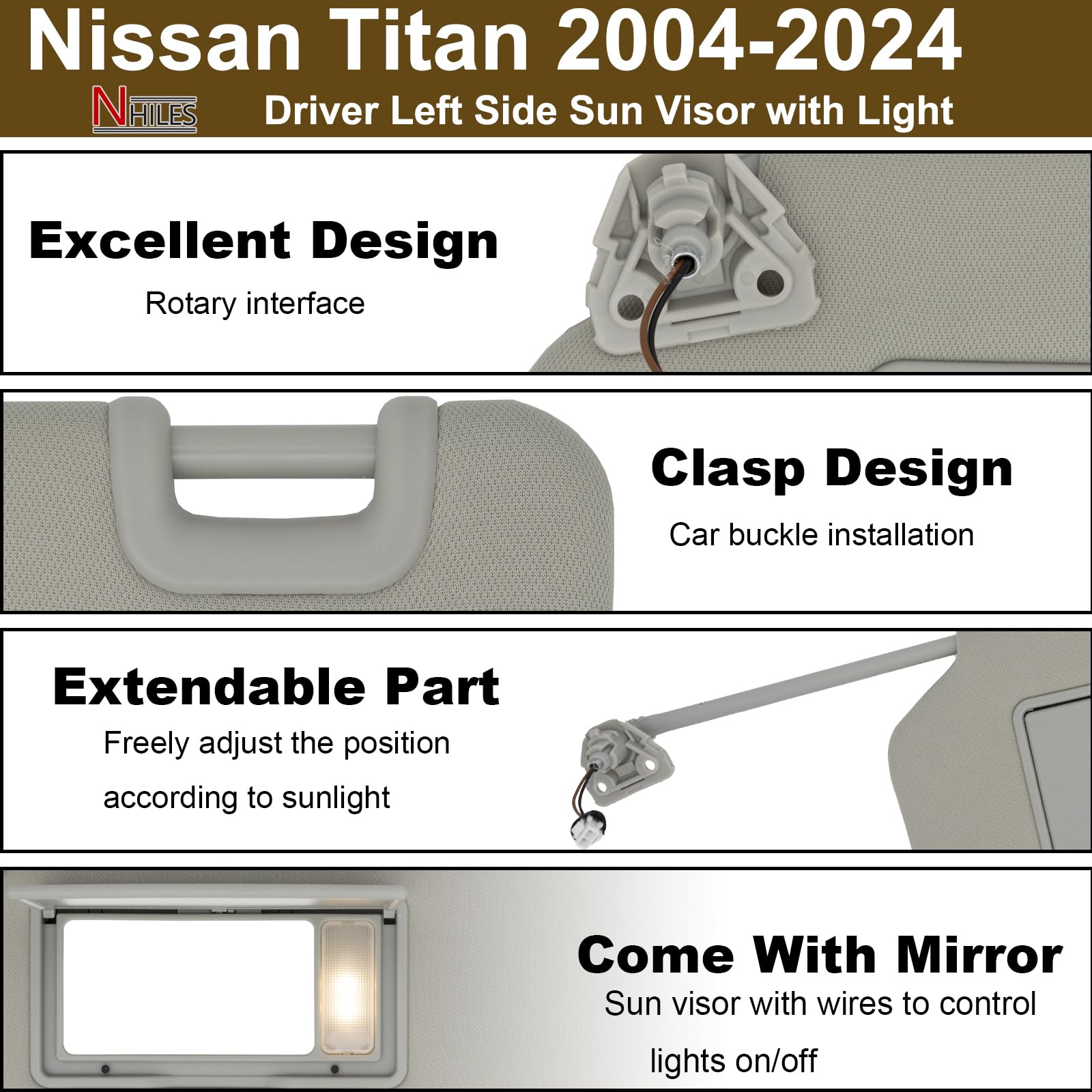 NHILES visor mounting bracket detail demonstrating secure, factory-style attachment