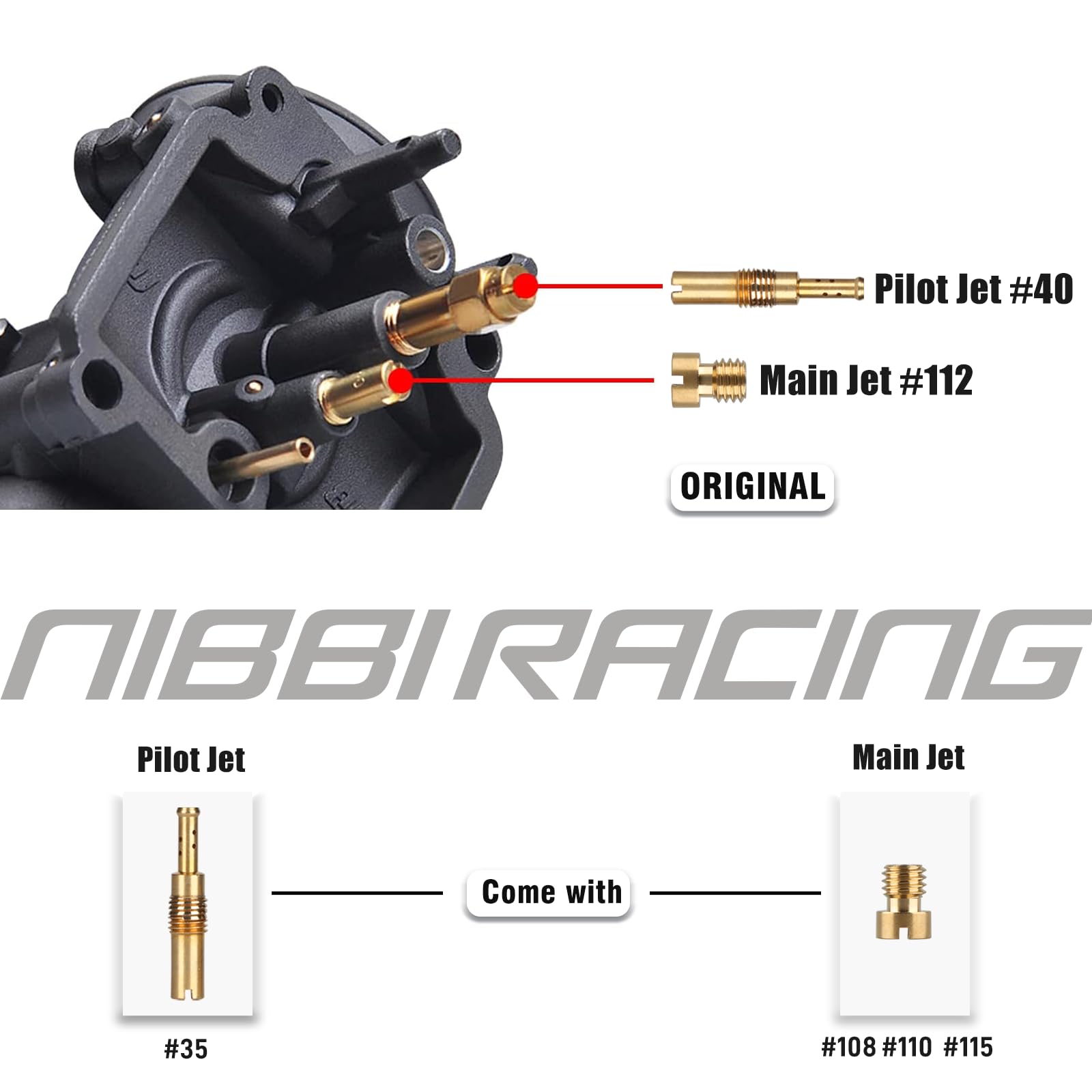 nibbi close-up of included main and pilot jets for precise tuning benefits