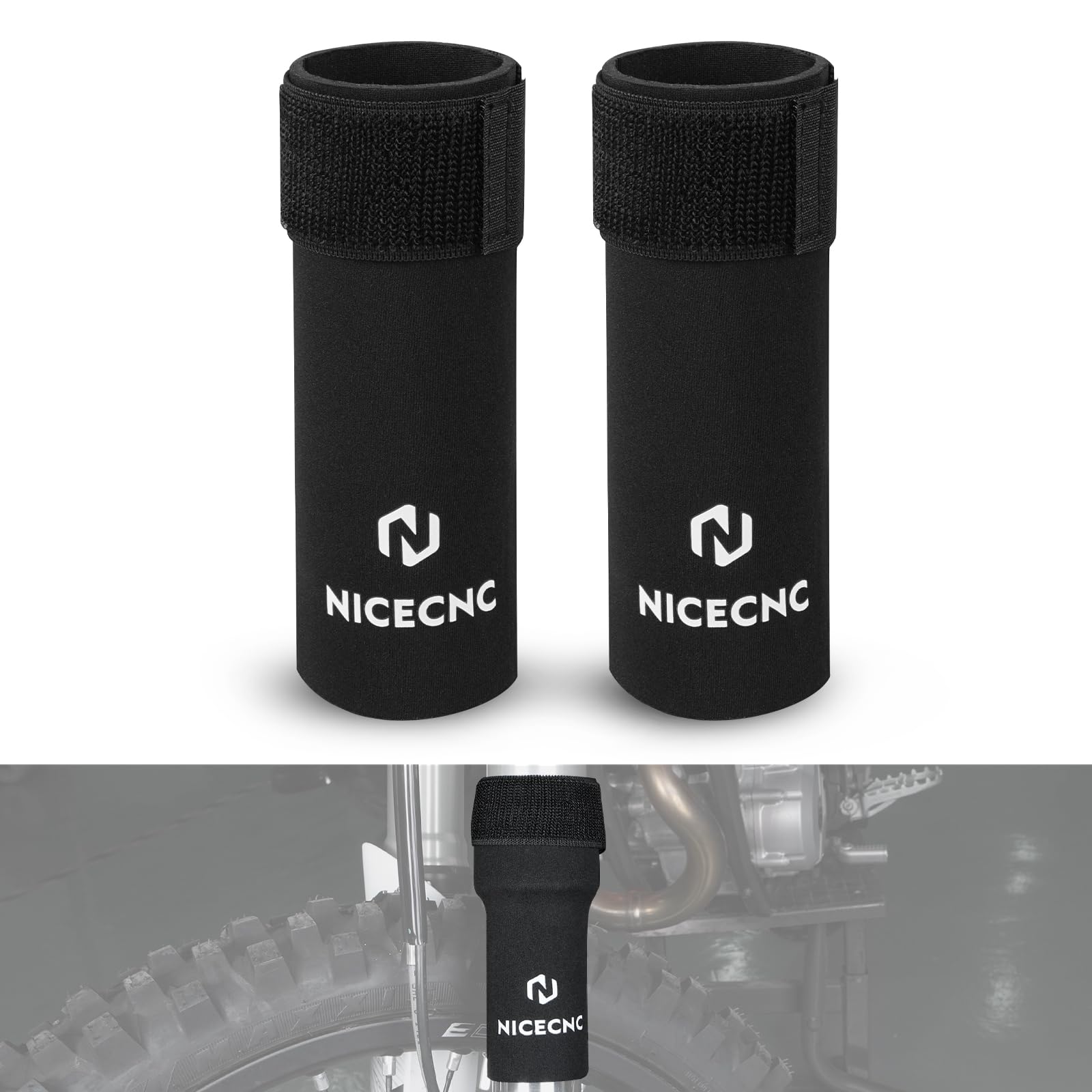 NICECNC on motorcycle in trail setting shielding forks from dirt and impacts