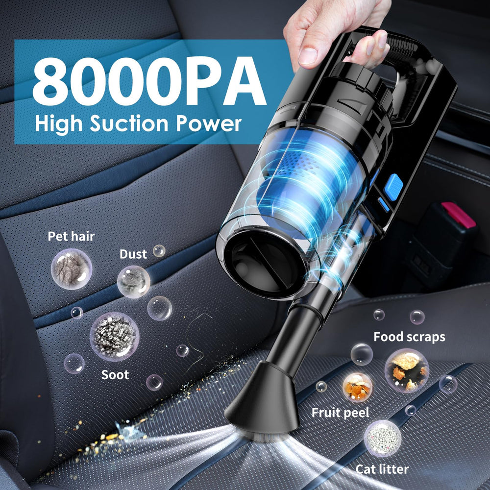 NIKCOSMK handheld vacuum closeup showing nozzle and power switch for strong suction