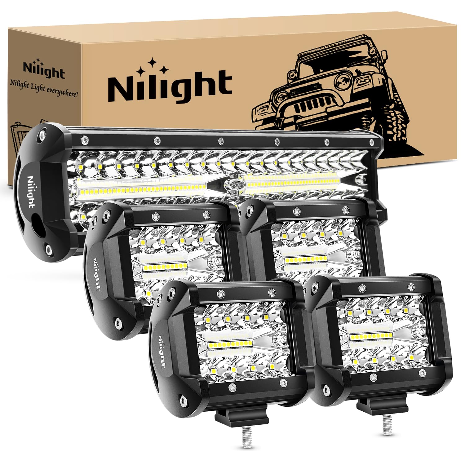 Nilight 12-inch bar front view showing bright output and durable housing
