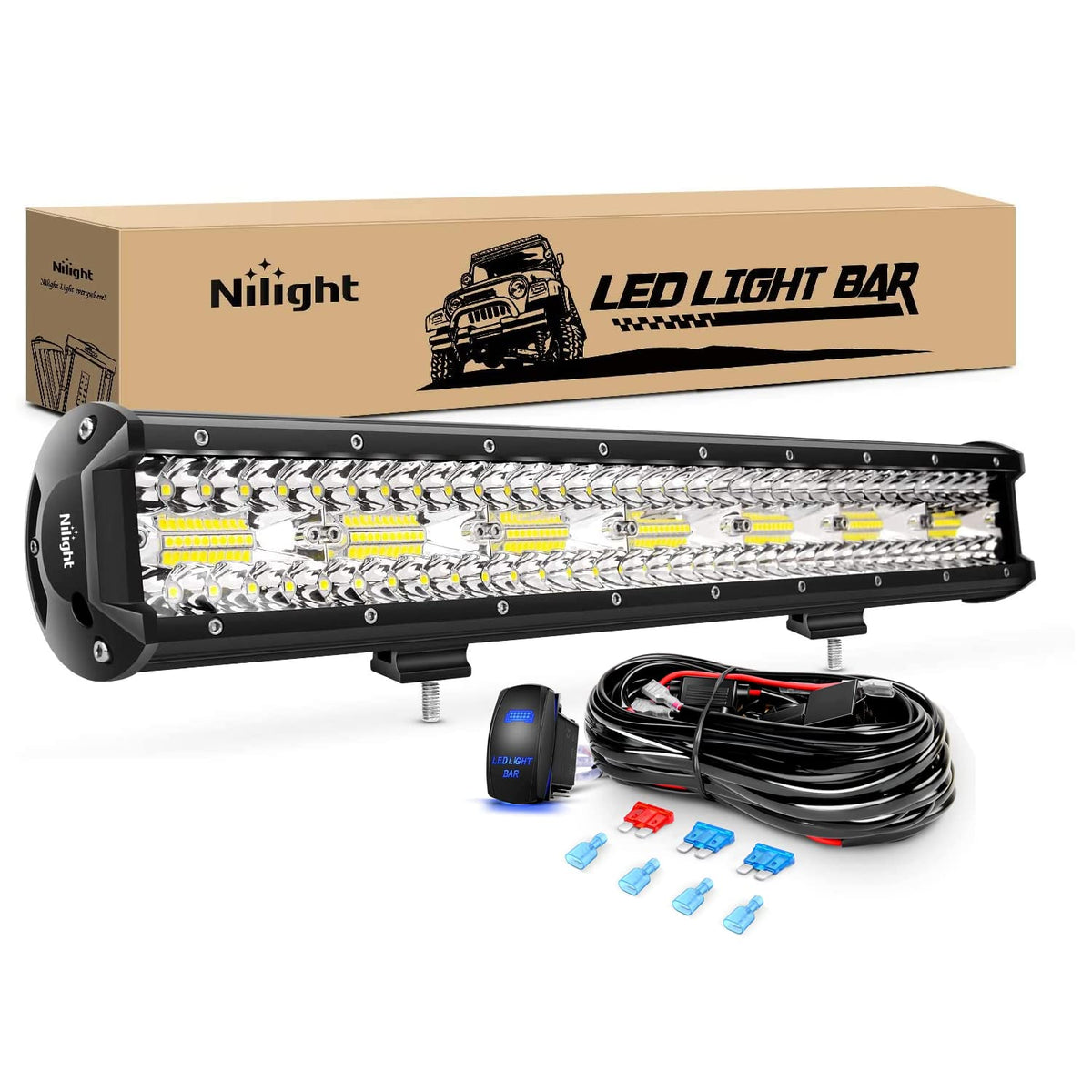 Nilight 20-inch front view showing full triple-row LEDs and combo beam benefit