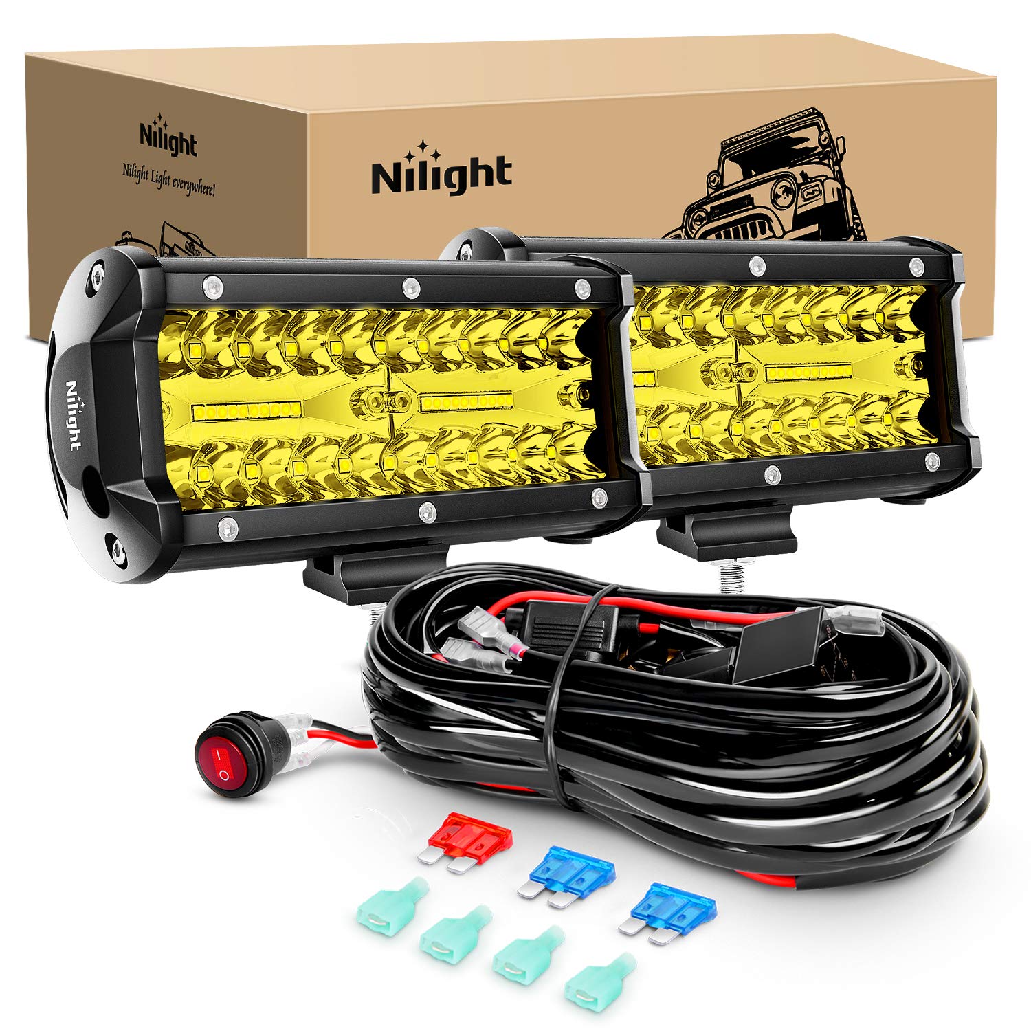 Nilight front view amber light bar showing compact housing and bright benefit