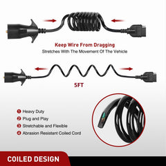 Nilight coiled cable stretched to full 5 ft showing flexibility and extra turning clearance