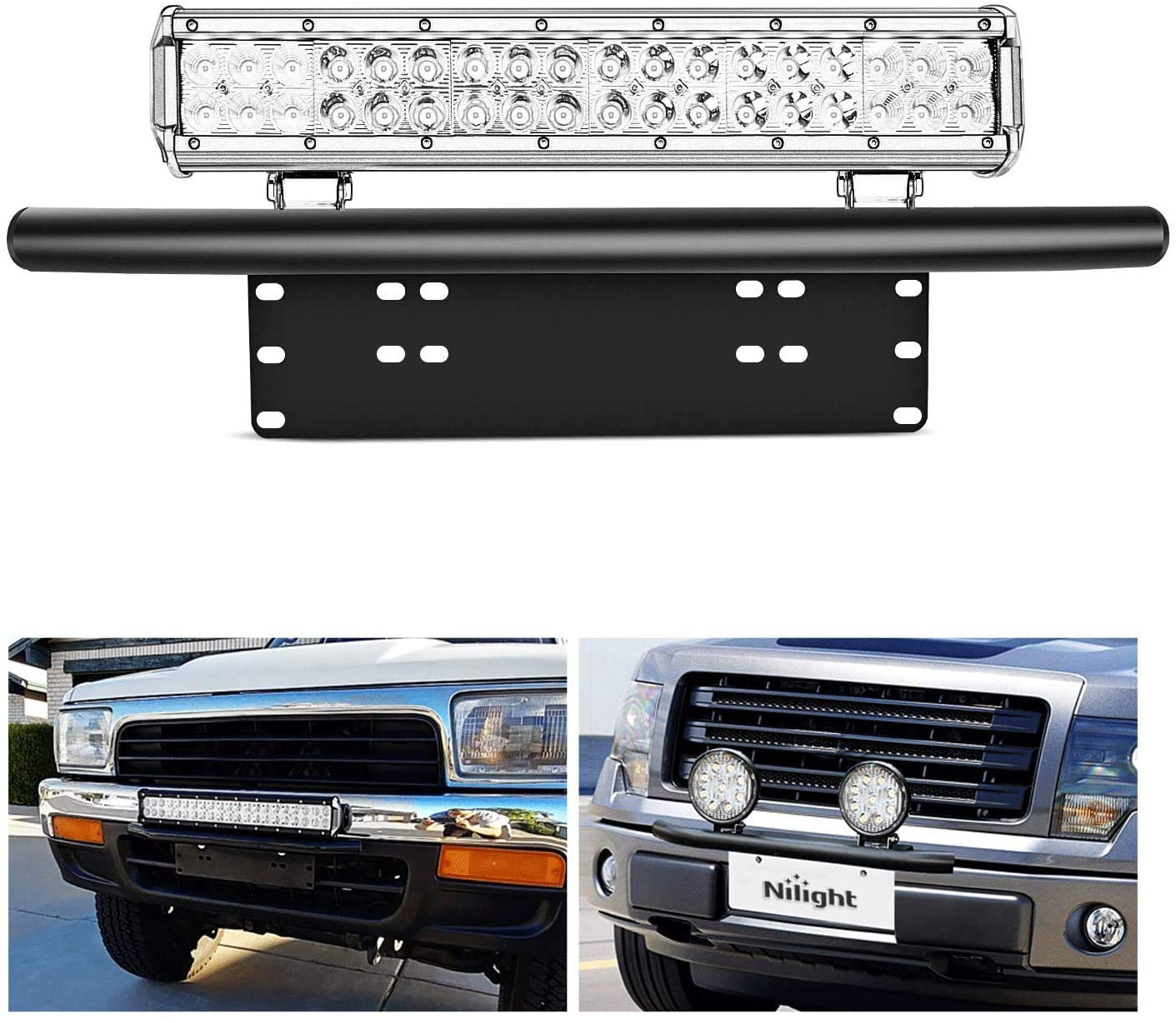 Nilight front license plate bracket installed on bumper showing flashlight placement and improved visibility