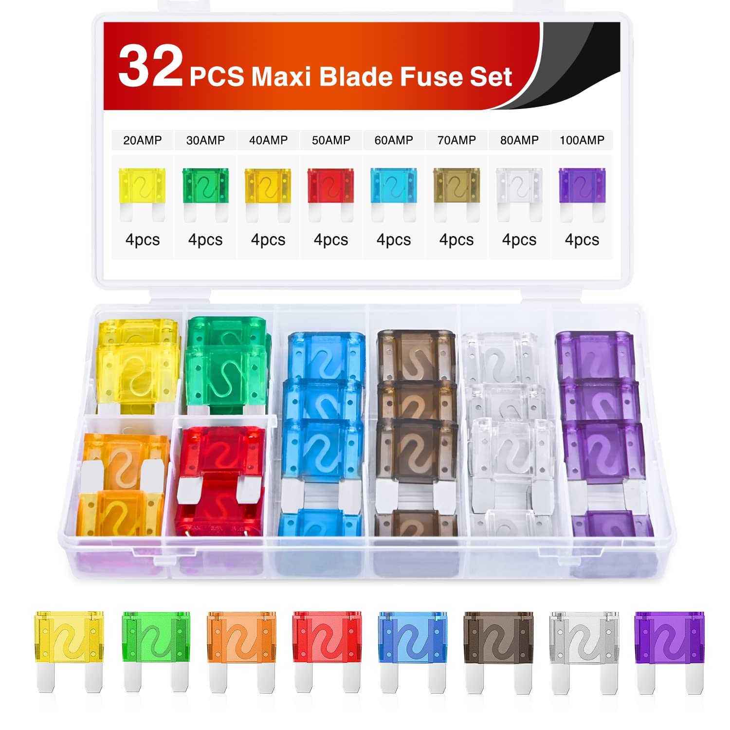 Nilight front packaging of 32pcs fuse kit showing contents for quick replacement