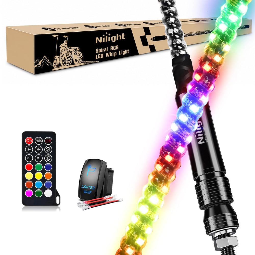 Nilight front view of both whip lights showing bright colors and included hardware