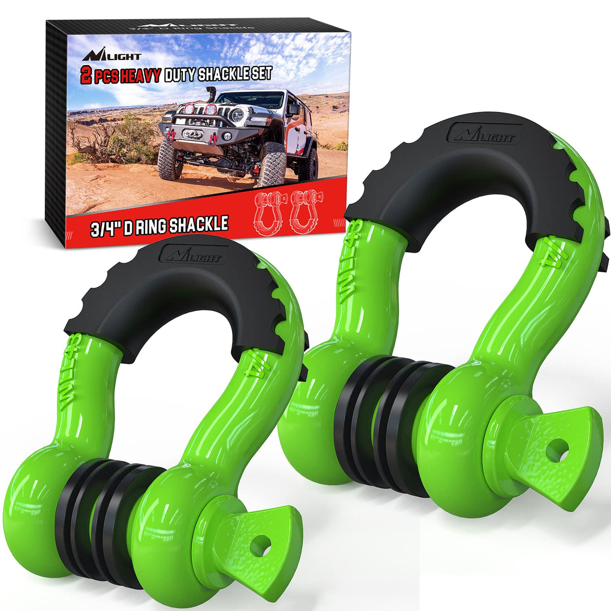 Nilight front packaging showing two D-ring shackles and included accessories, clear contents view benefit
