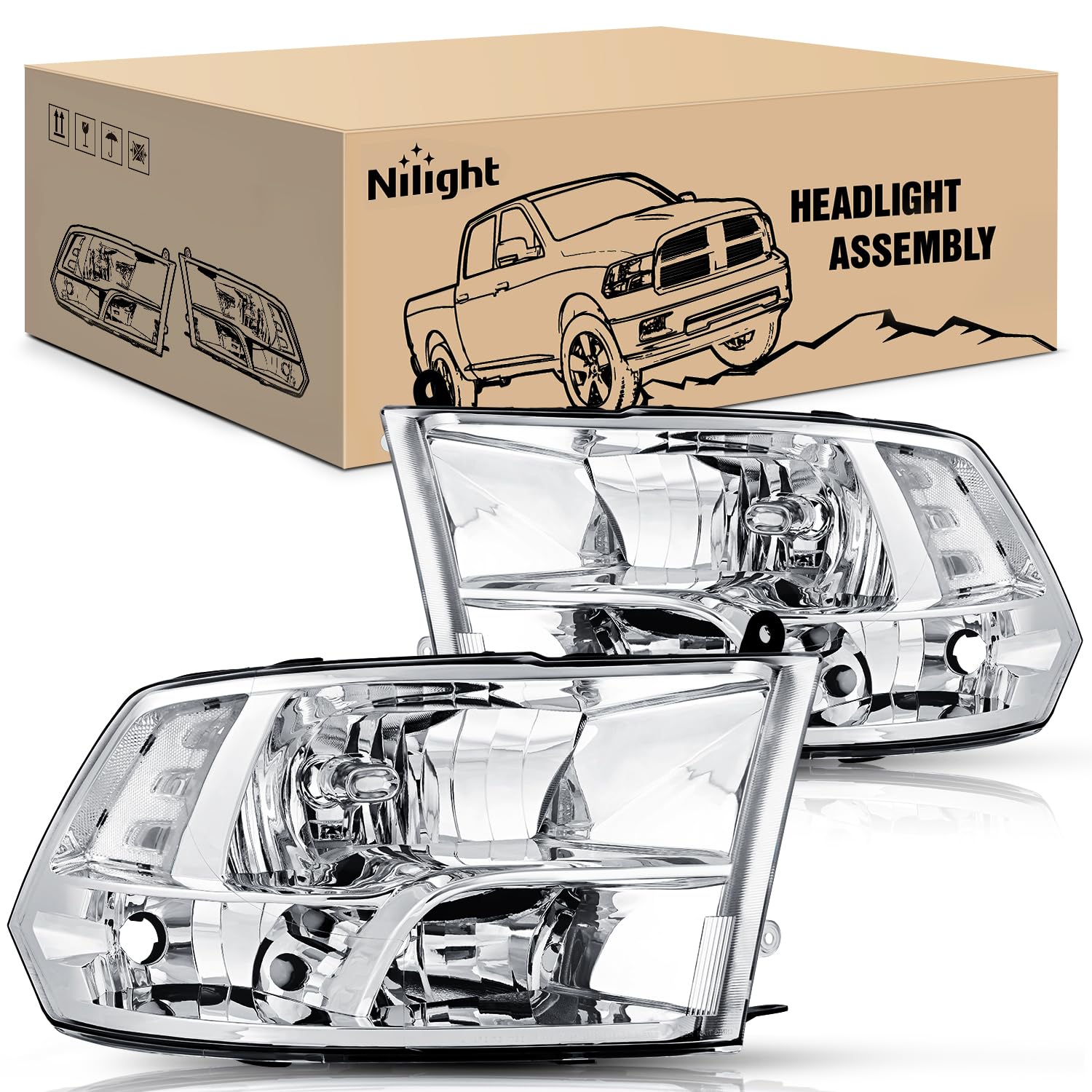 Nilight front packaging showing headlamp assembly and benefit of direct-fit replacement