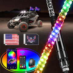Nilight front view of boxed 2FT RGB whip lights showing full kit and benefits