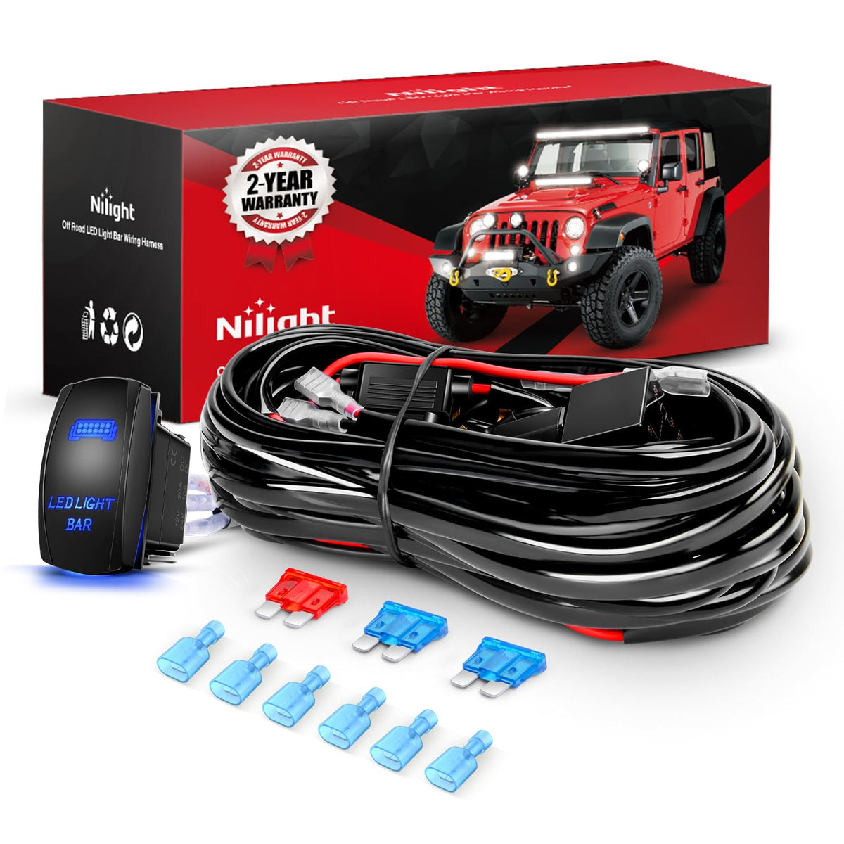 Nilight front view of wiring harness kit showing complete package and ease of install