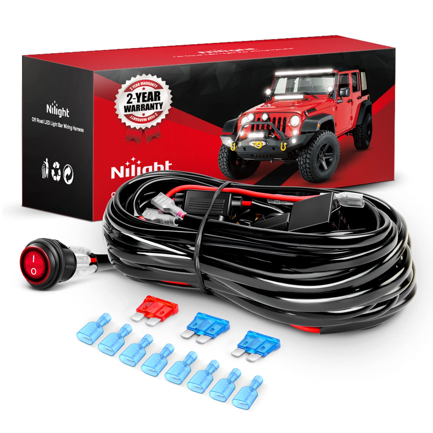 Nilight front packaging showing harness kit and components for easy installation