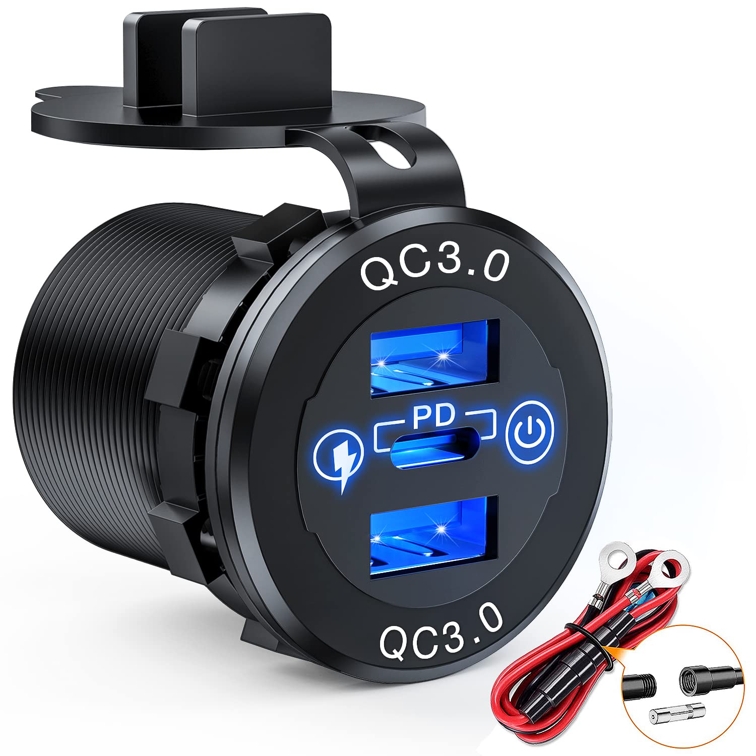 Nilight front panel view showing three charging ports and touch switch, adds convenient fast charging