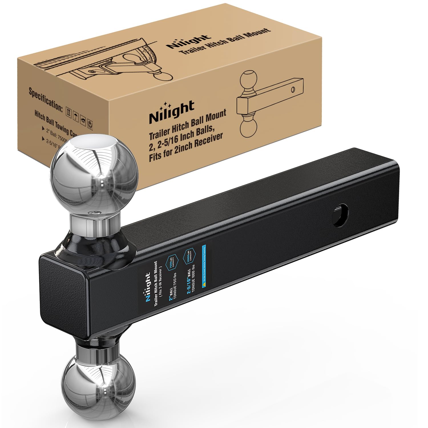 Nilight front profile ball mount showing dual balls and easy hitch access for versatility