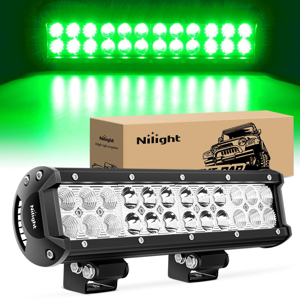 Nilight front view of 12-inch green LED bar showing robust housing and beam benefit