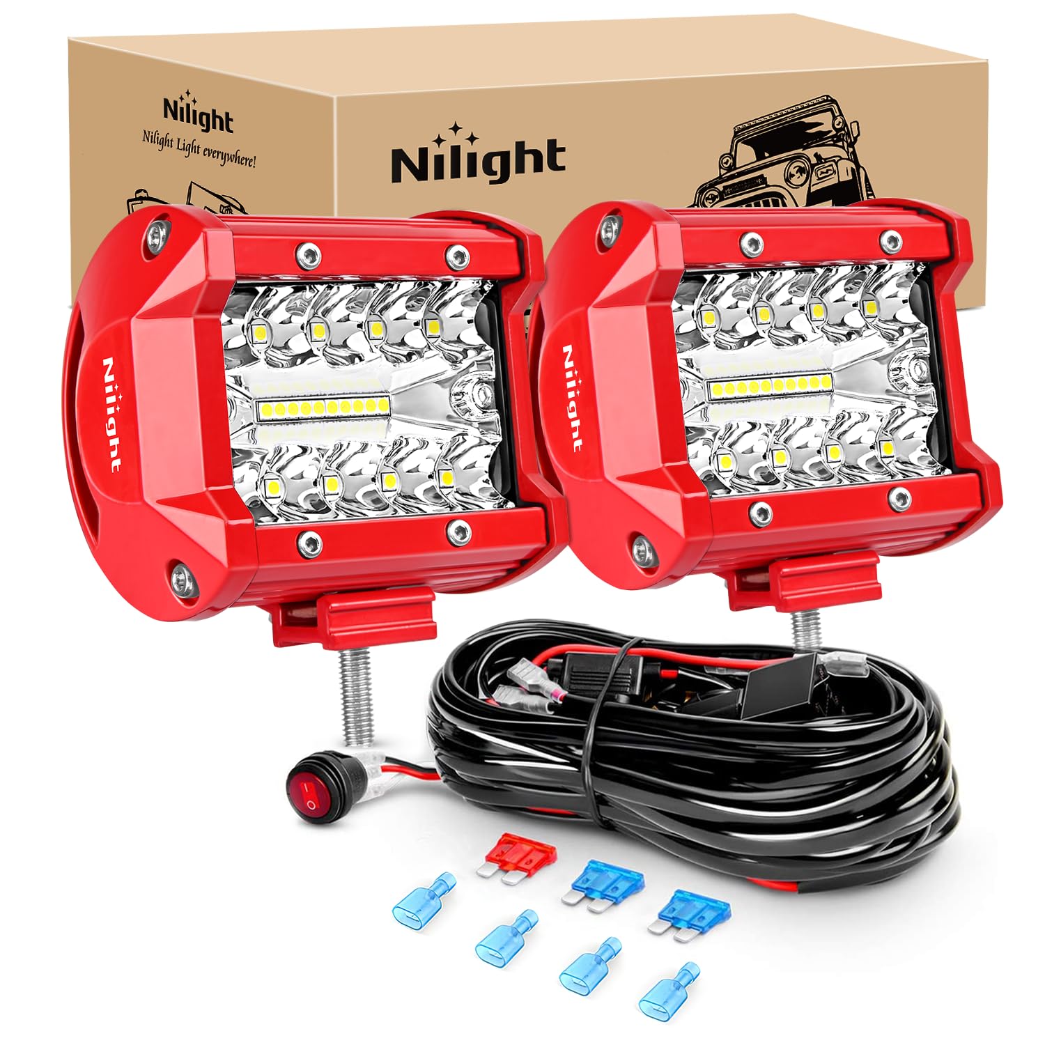 Nilight front view of 4-inch LED light bars showing compact flood and spot benefits