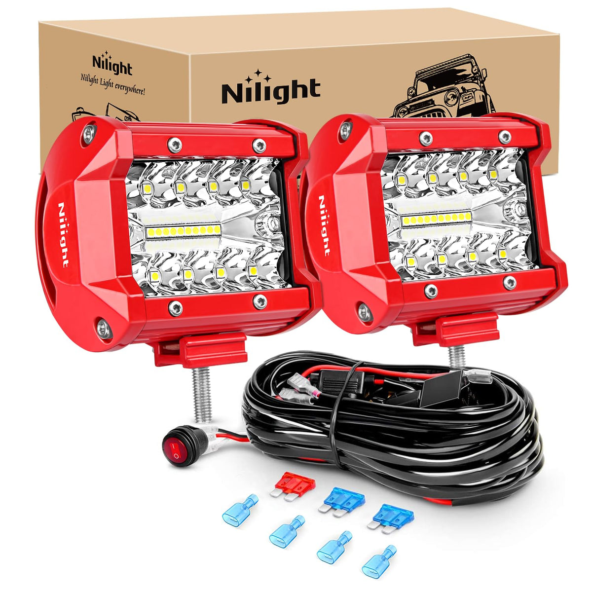 Nilight front view of 4-inch LED light bars showing compact flood and spot benefits