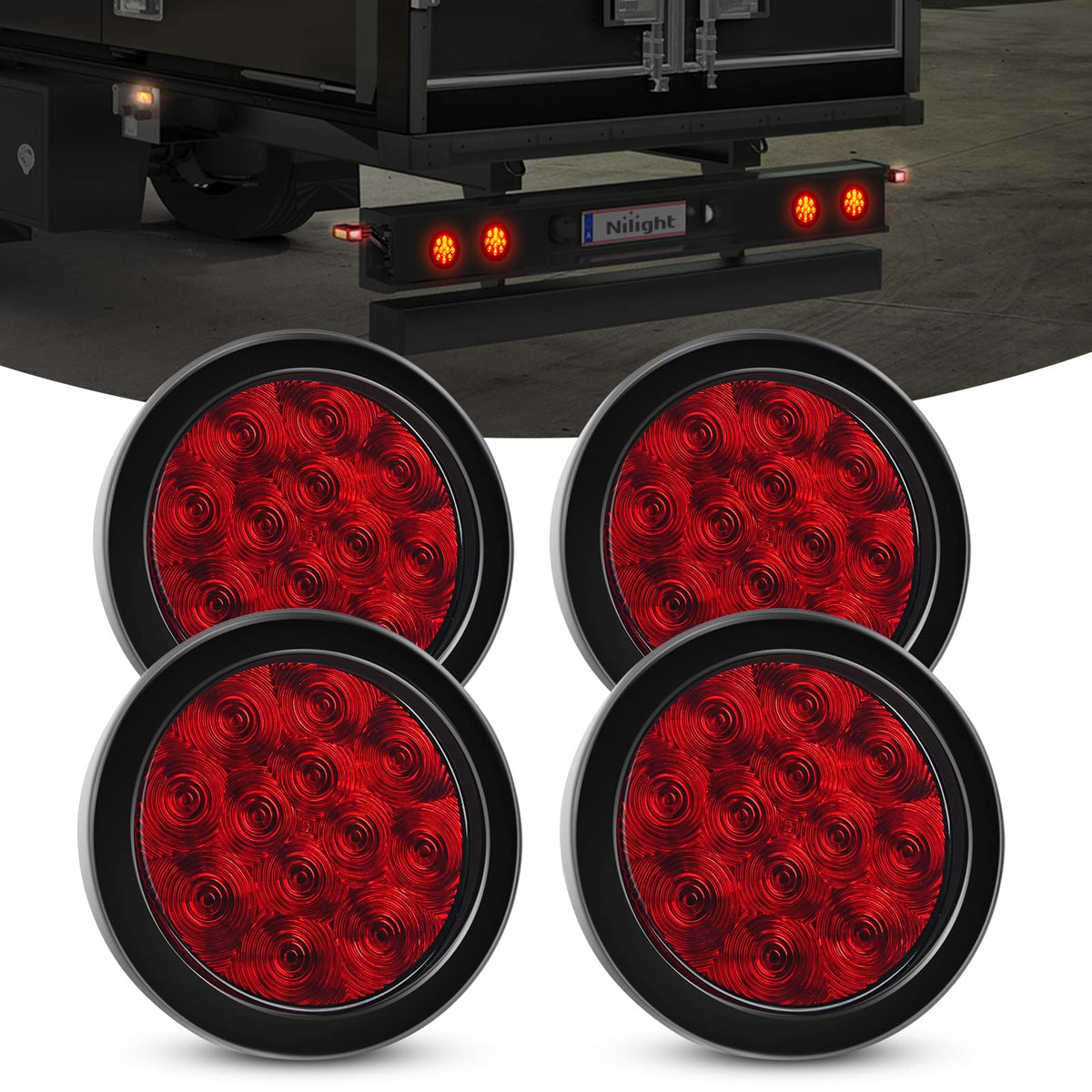 Nilight front view of 4-inch round tail light showing bright red lens benefit improved signaling