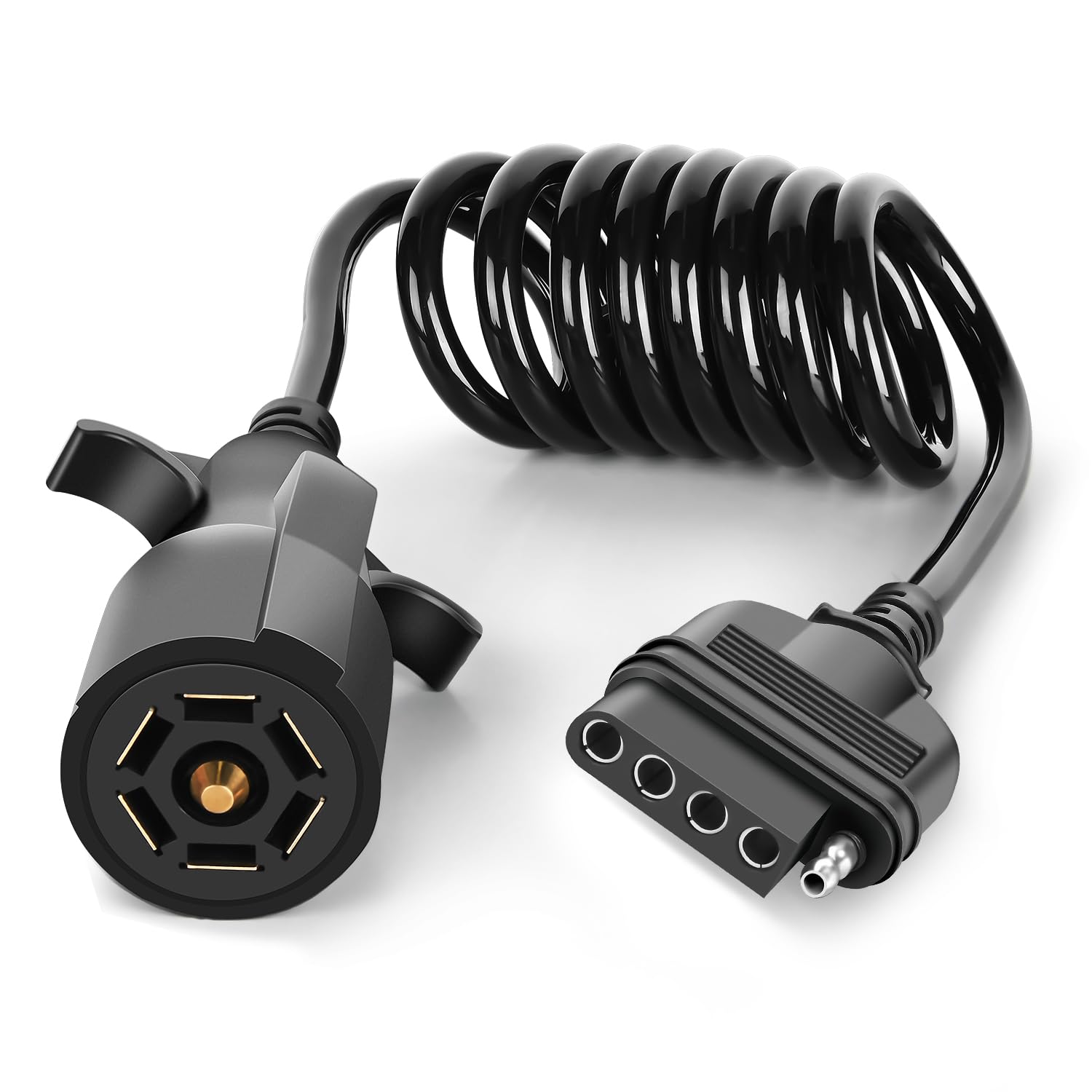 Nilight front view of 7-way to 5-way coiled harness showing compact design and quick connection