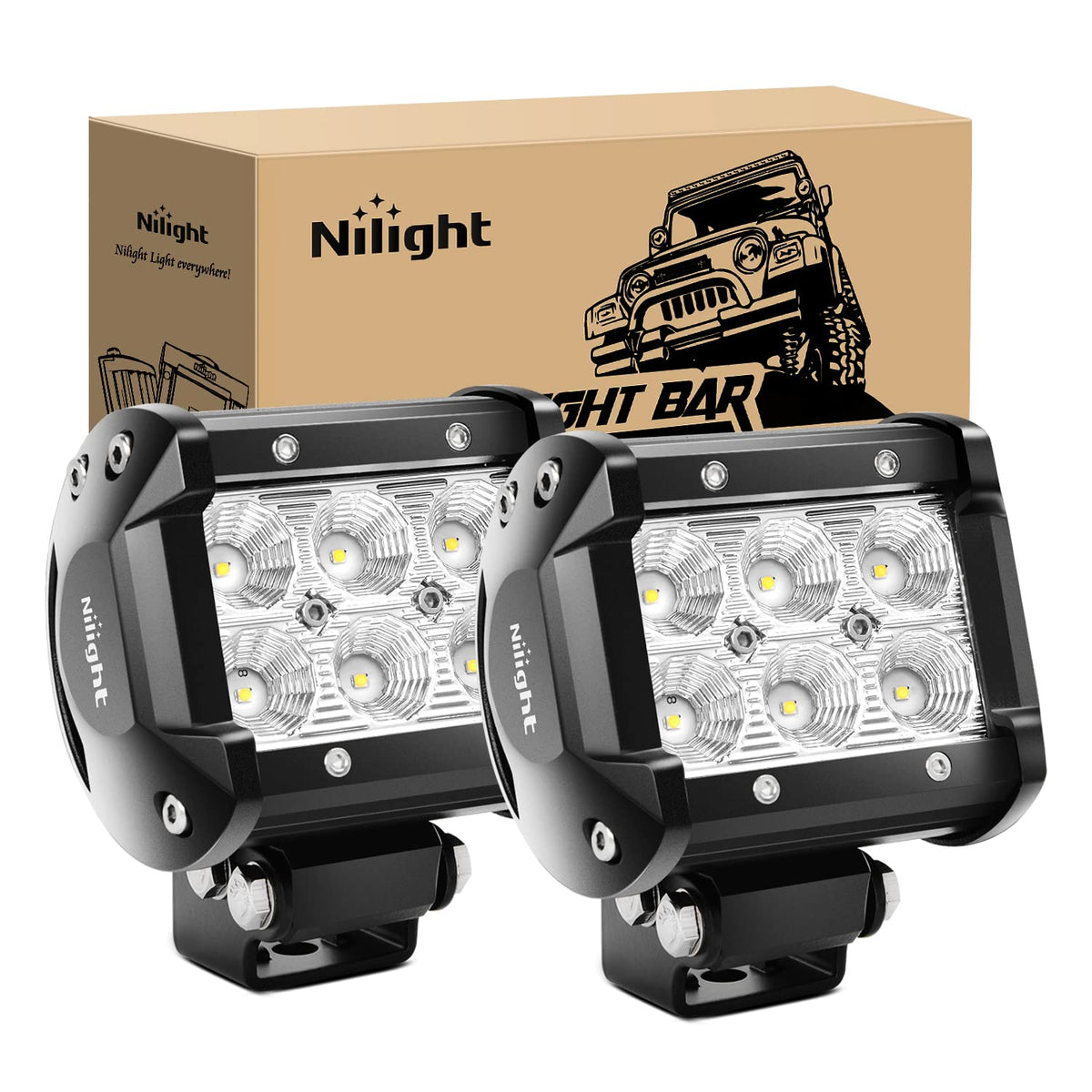 Nilight front view of two 18W flood pods showing beam face and lens for wide coverage